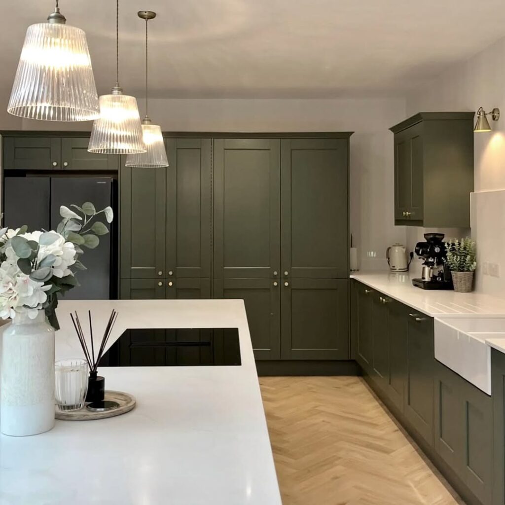 Deep Sage and White Kitchen