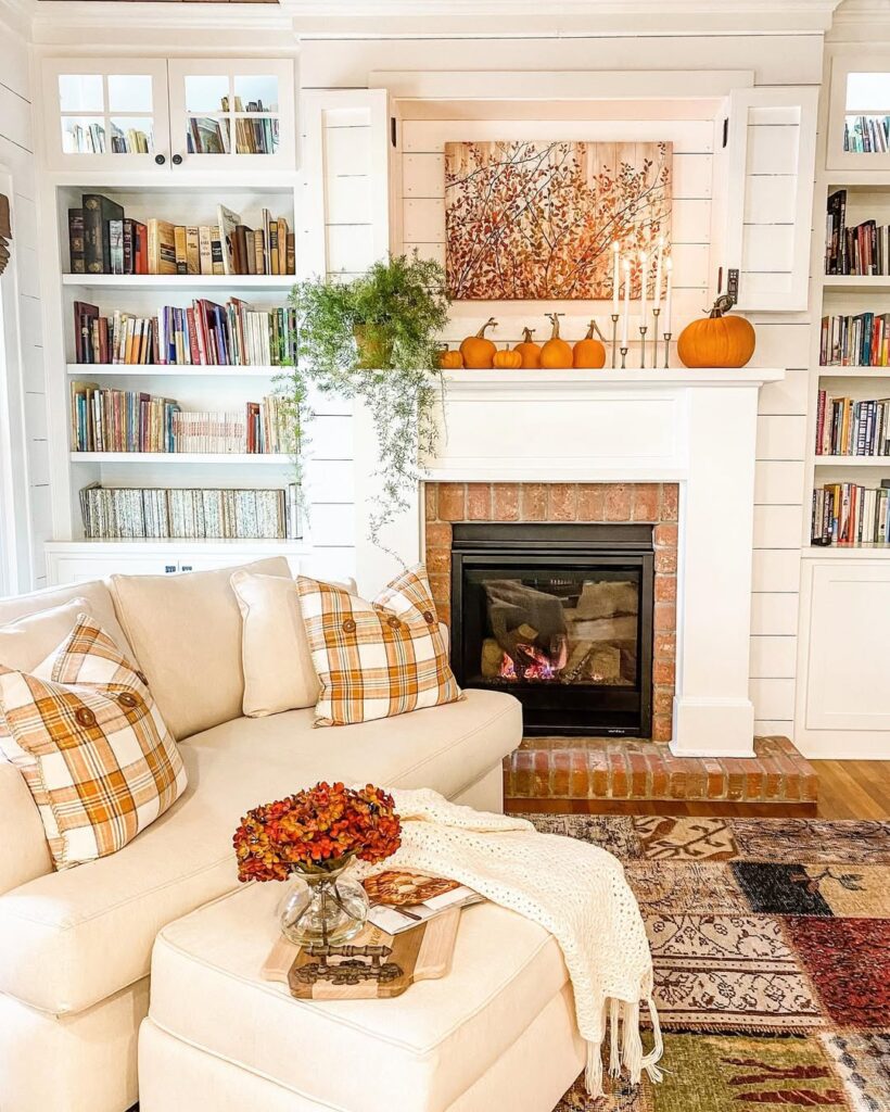 Hearthside Living Room With Plaid and Pumpkin