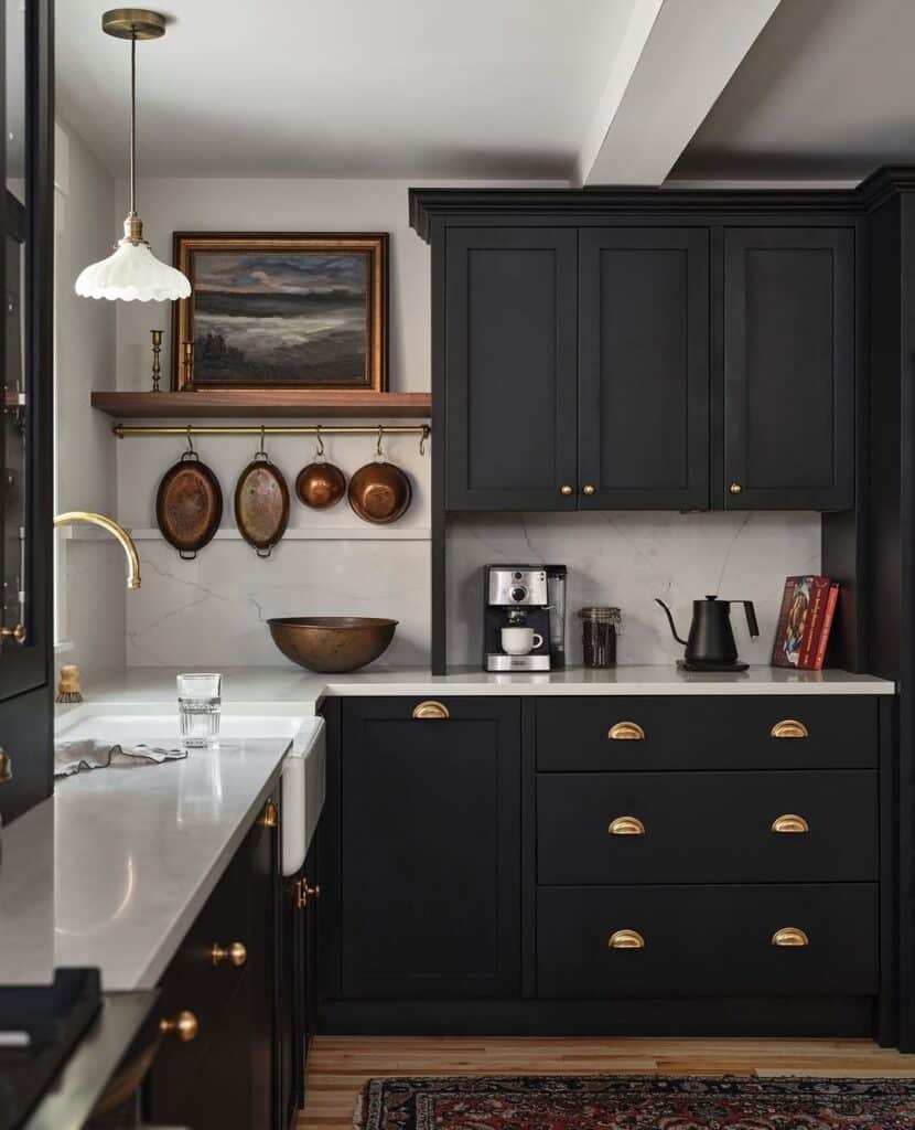 Matte Black Rustic Kitchen with Brass Accents