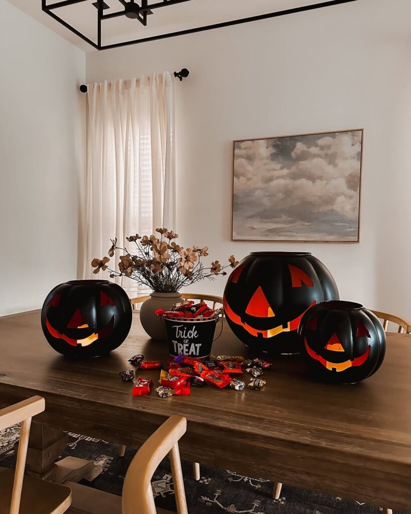 Modern minimalist candy station with a jack-o-lantern