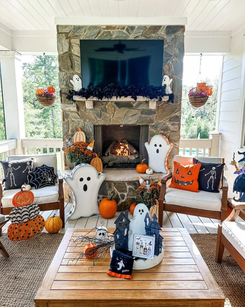 Outdoor Fireplace for a Cozy Ghost Party Porch