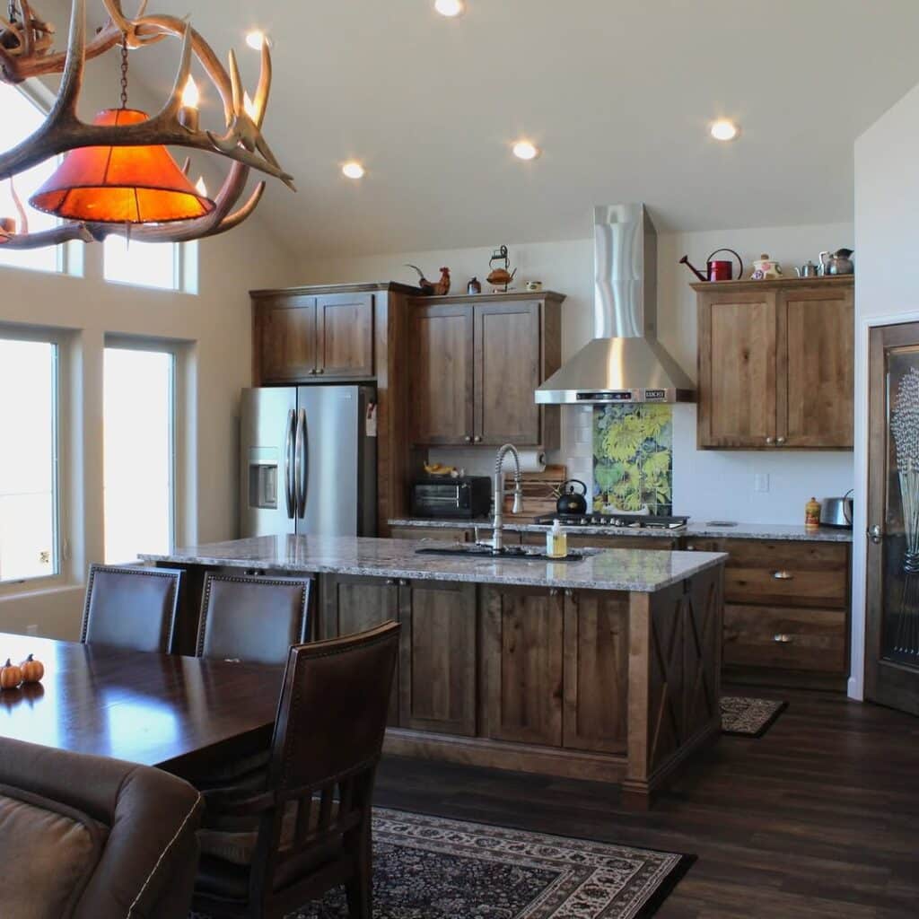 Rustic Lodge Kitchen with Antler Lighting and Timber
