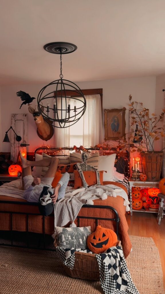 Rustic Non-Spooky Orange Harvest Halloween Bedroom