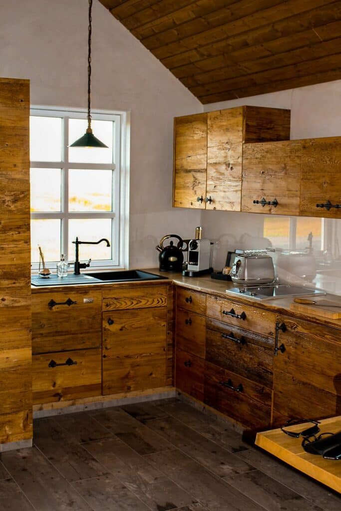 Rustic Wood and Iron Hinge Cabin Kitchen