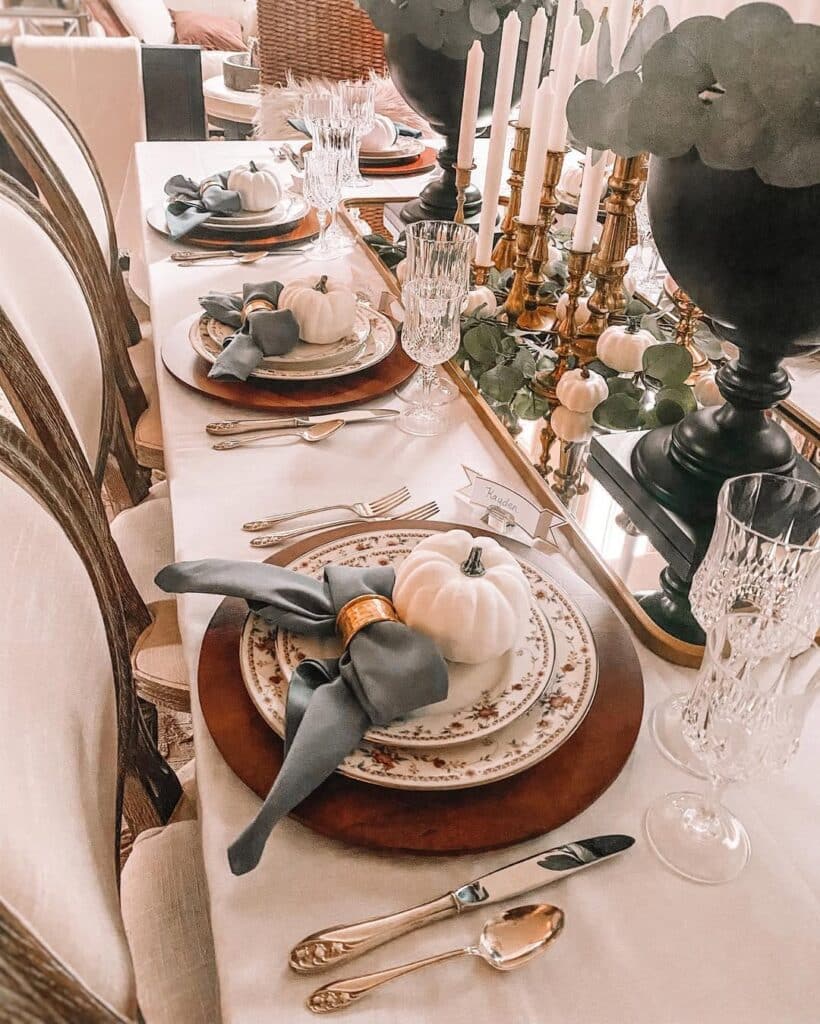 Antique Thanksgiving Table Setting with Blue Velvet and Brass