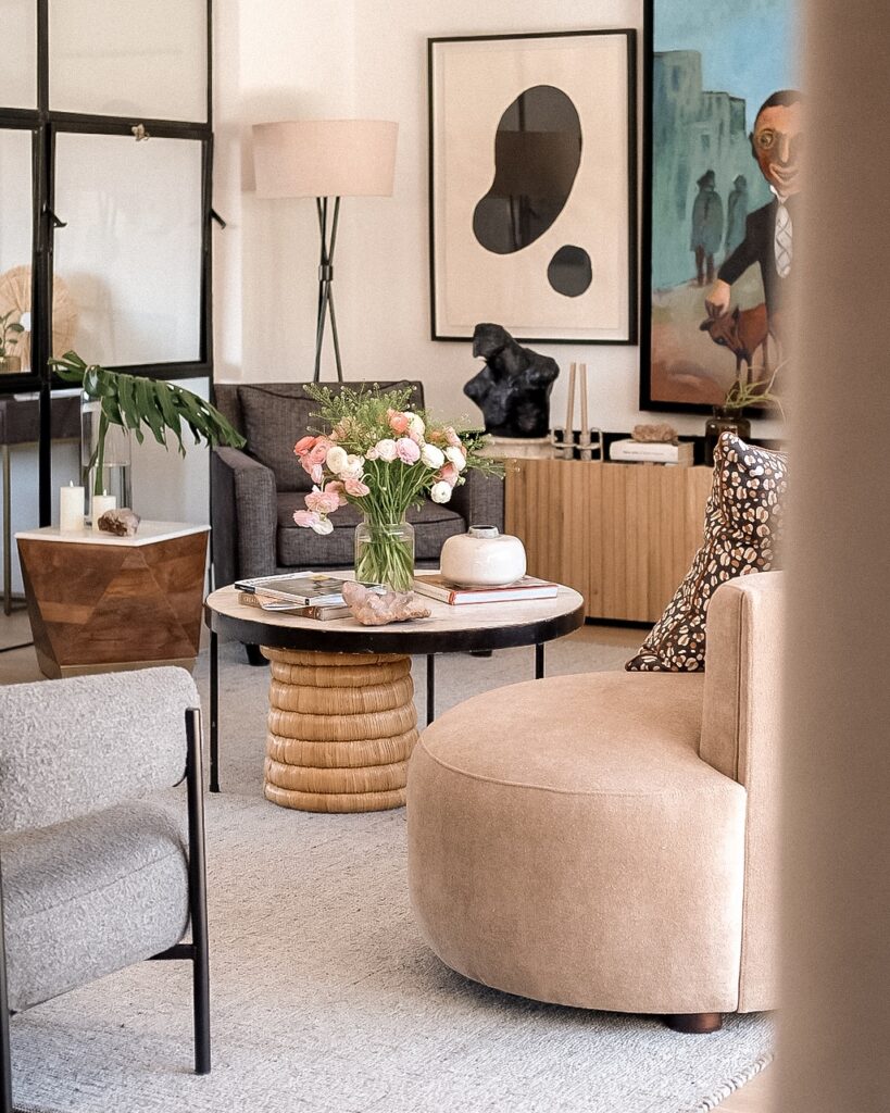 Artful Rounded Seating in Sienna Tan and Muted Green