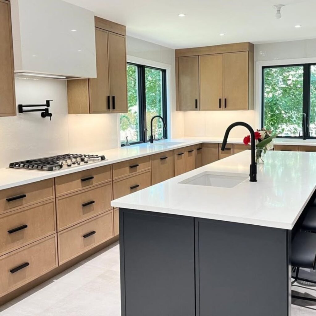 Bold Hardware on Natural Wood Cabinets