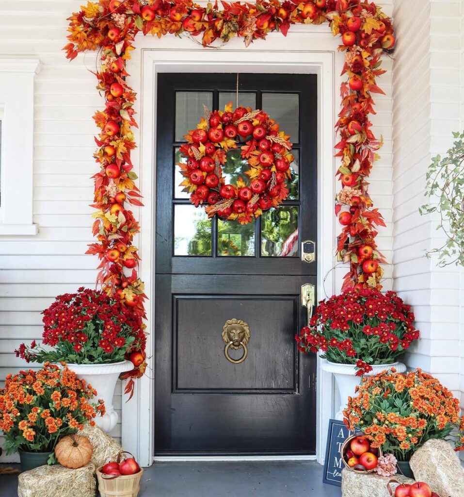 Crimson Mum and Leaves Garland Framing an Apple Harvest Entryway