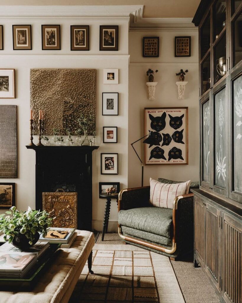 Eclectic Gallery Fireplace with a Vintage Hearth