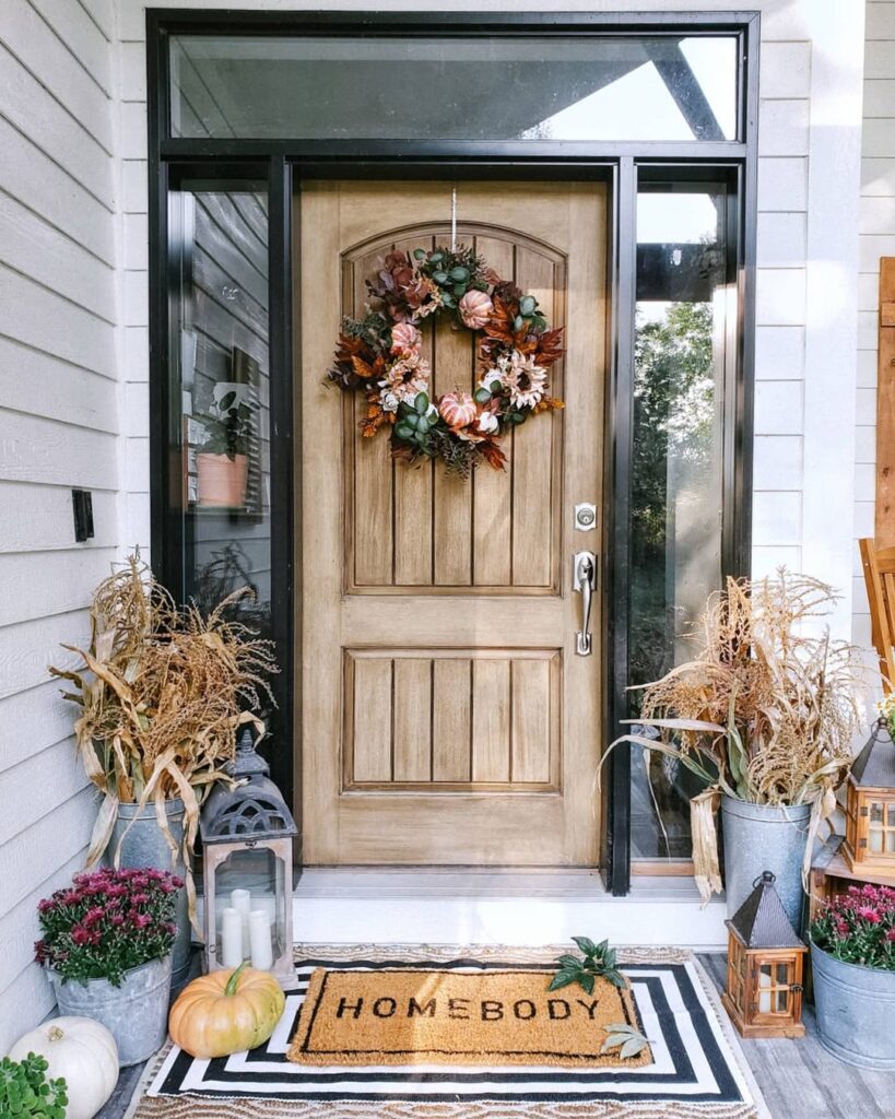 Farmhouse Porch with a Pumpkin Wreath of Succulents and a Cornstalk Accent