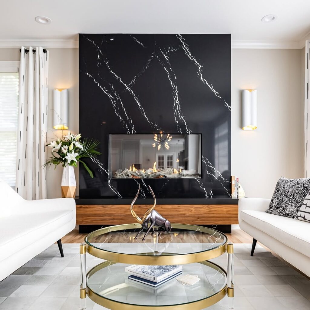 Full Height Black Marble Fireplace Wall