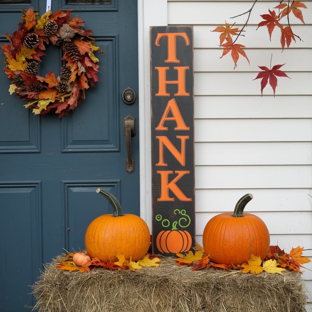 Hay Bale, One Pumpkin, and Vertical THANK Sign on a Rustic Porch