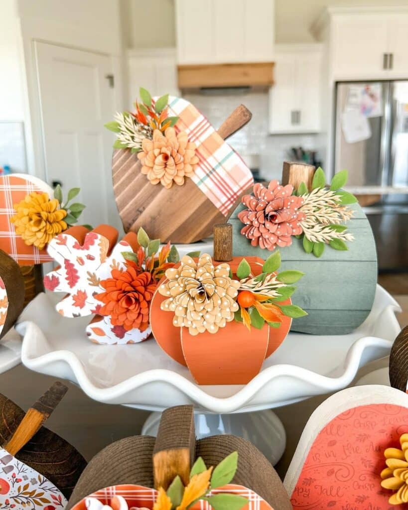 Layered Wood Pumpkin and Floral Display