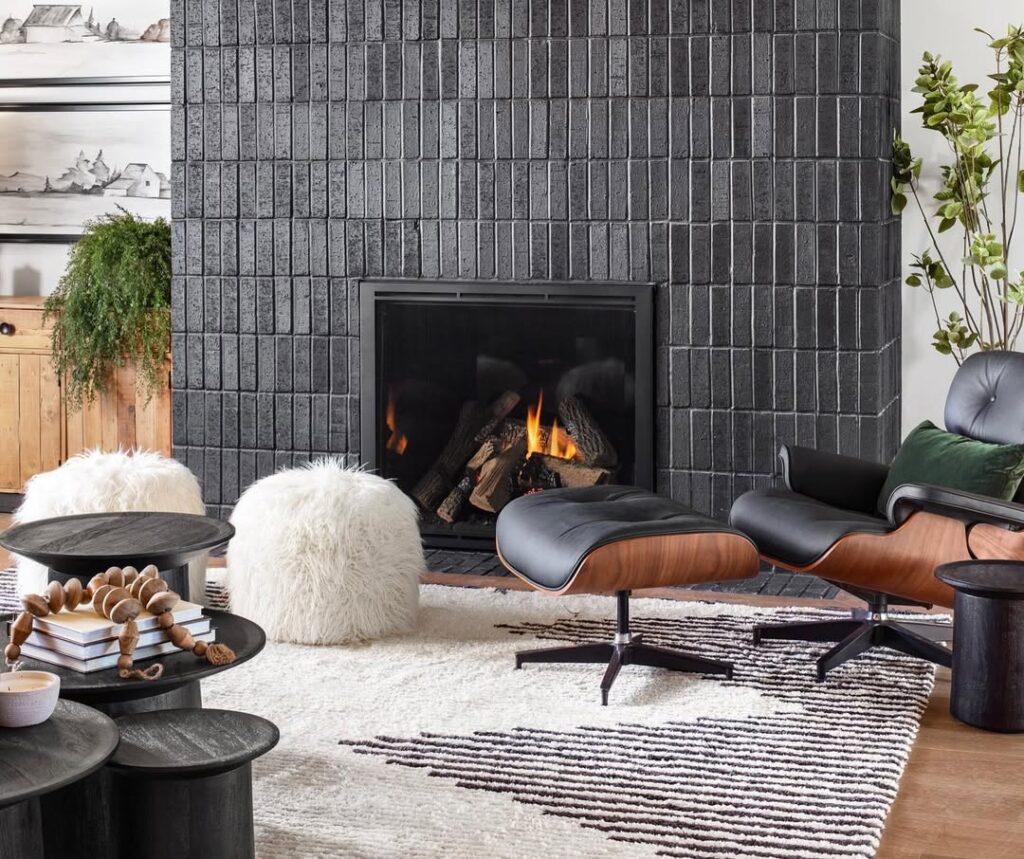 Mid Century Black Brick Fireplace