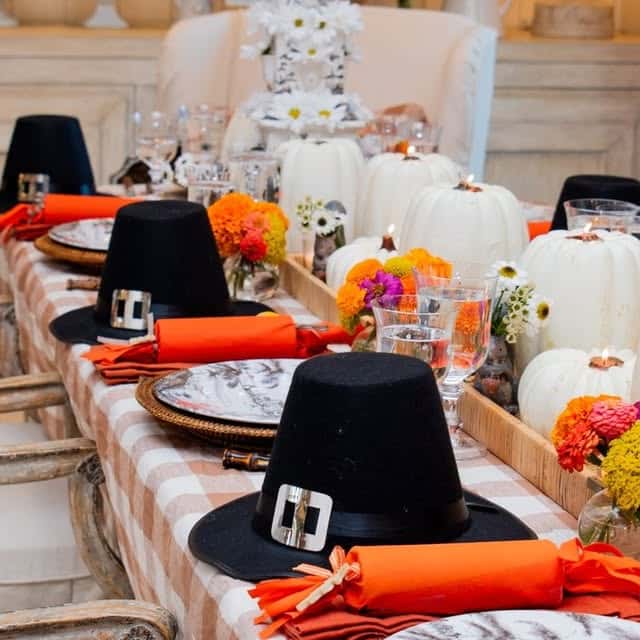 Pilgrim Hat Display with White Pumpkins