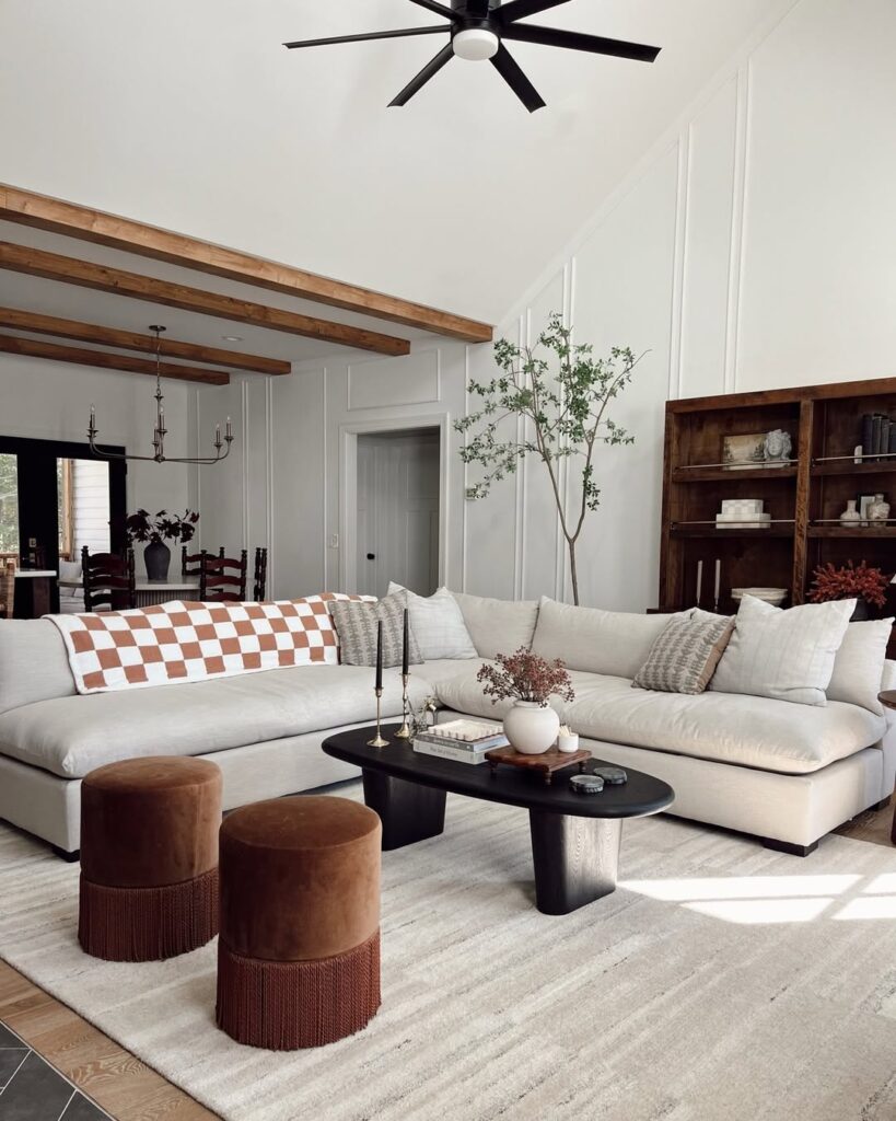 Soft Beige Neutral Sectional with a Terracotta Accent