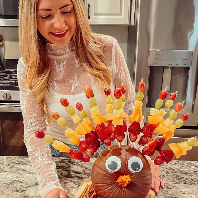 Turkey Centerpiece with Pumpkin Fruit Skewers