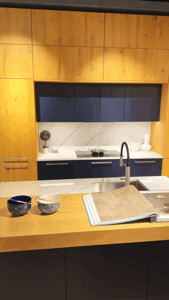 Yellow Lower Cabinets with Navy Upper Cabinets