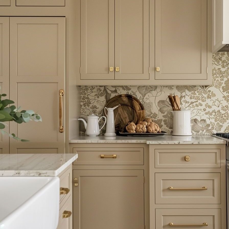 Brass Details on Greige Cabinetry