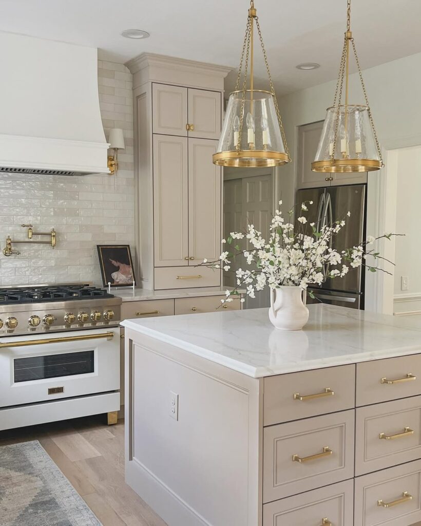 Gold Lighting for Greige Cabinets