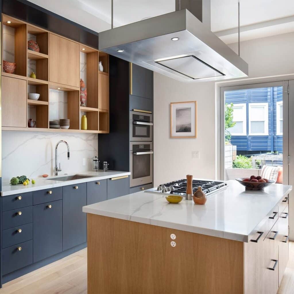 Graphite Grey Cabinetry with a Light Wood Island