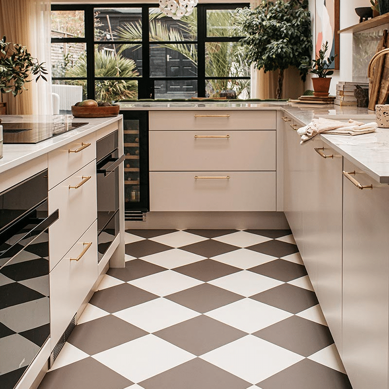 Greige Cabinets and Statement Flooring