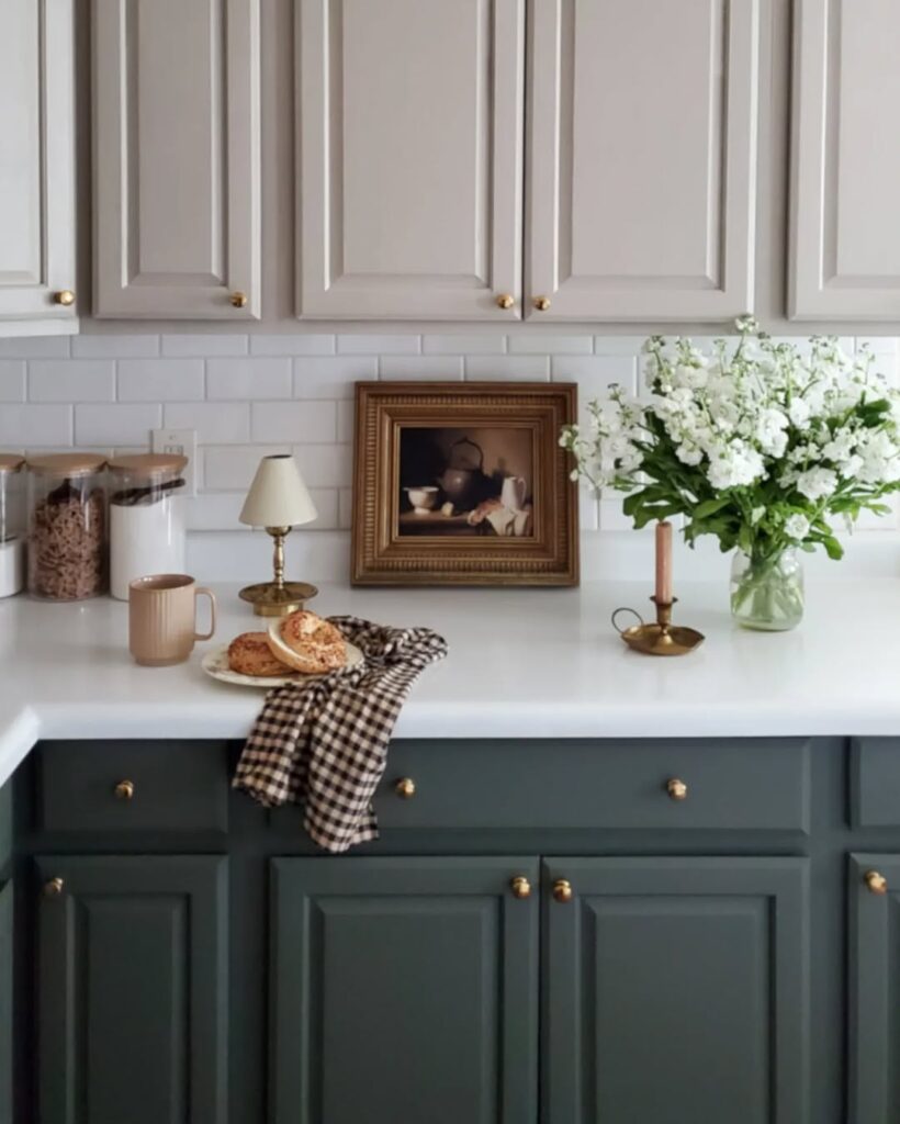 Greige Cabinets with Deep Green