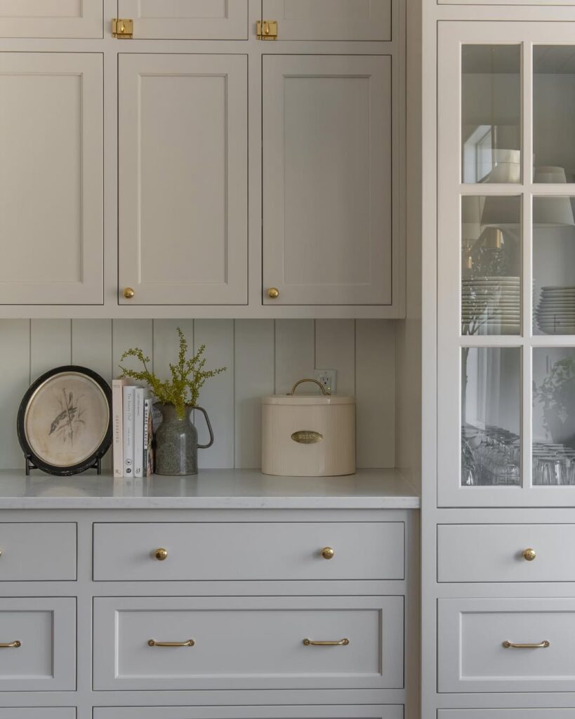 Greige Glass Front Cabinets