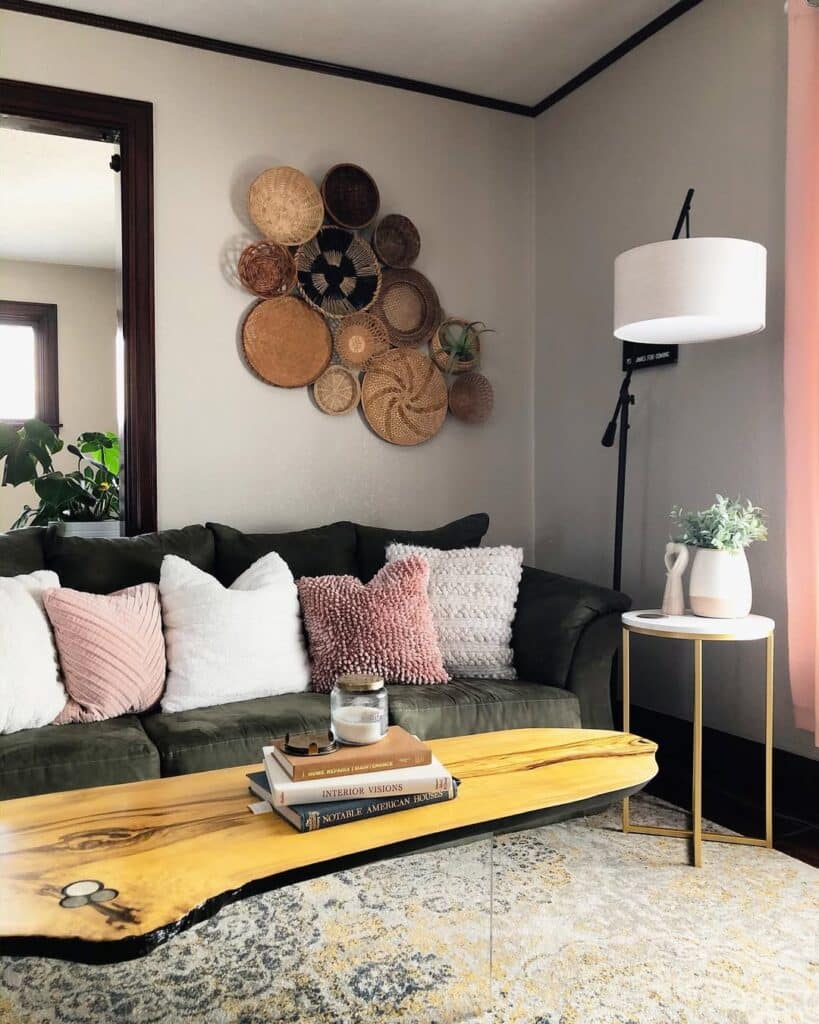 Woven Display Beside an Olive Sofa