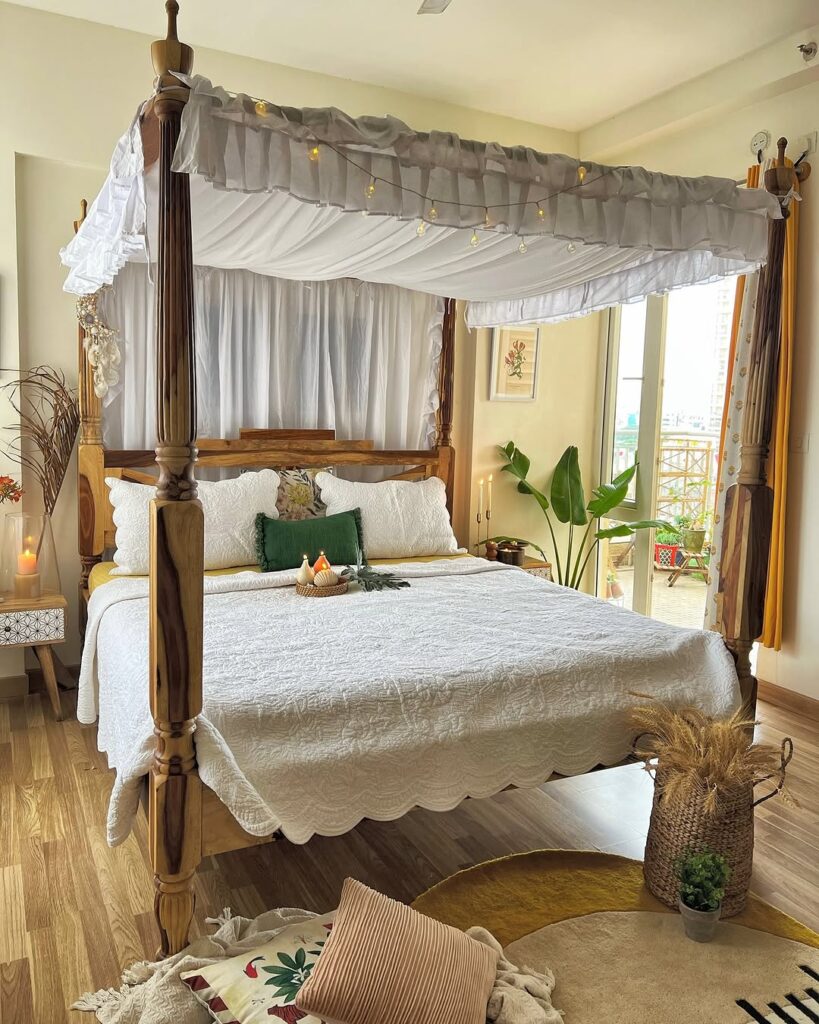 Bohemian Canopy Bed With Twinkle Lights