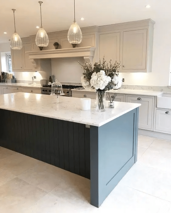 Grey Cabinetry with a Contrasting Island