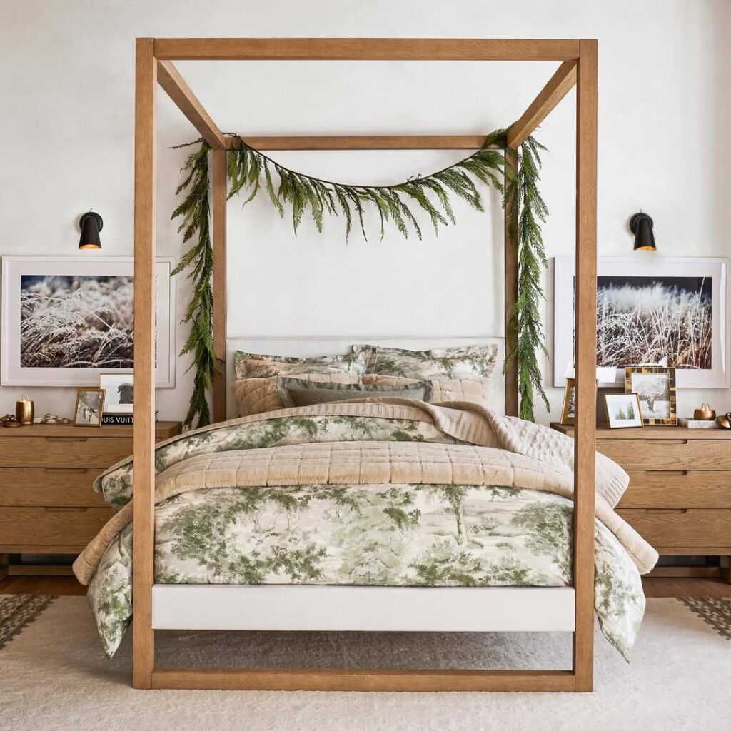 Natural Wood Canopy Bed with Botanical Garland