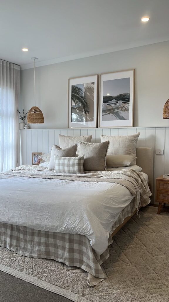 Sandy Gingham Bed Skirt and Rattan Accent