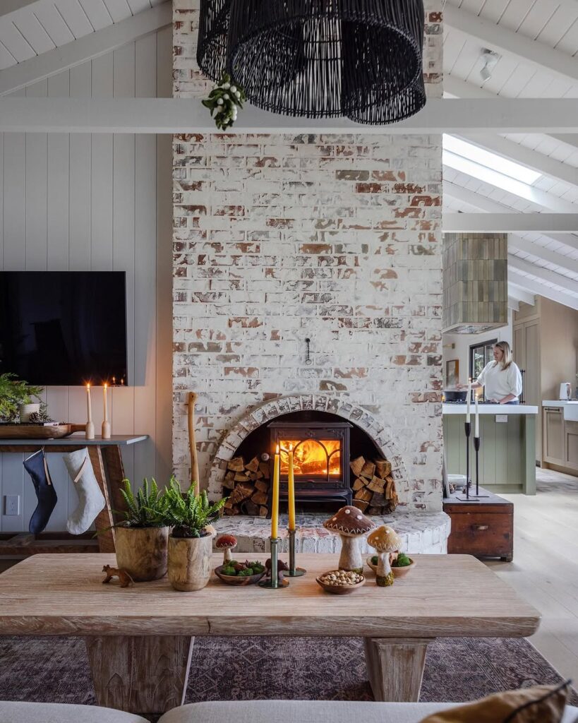 Arched Rustic Hearth in Whitewashed Brick