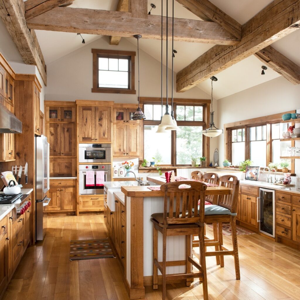 Exposed Beams in a Sunlit Rustic Kitchen