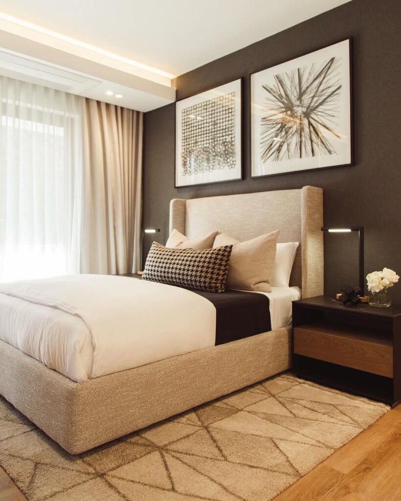 Geometric Rug and Espresso Wall