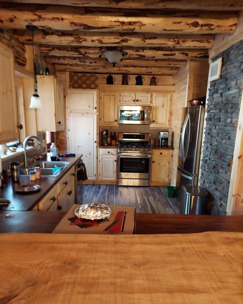Log Beams and Stone Accents