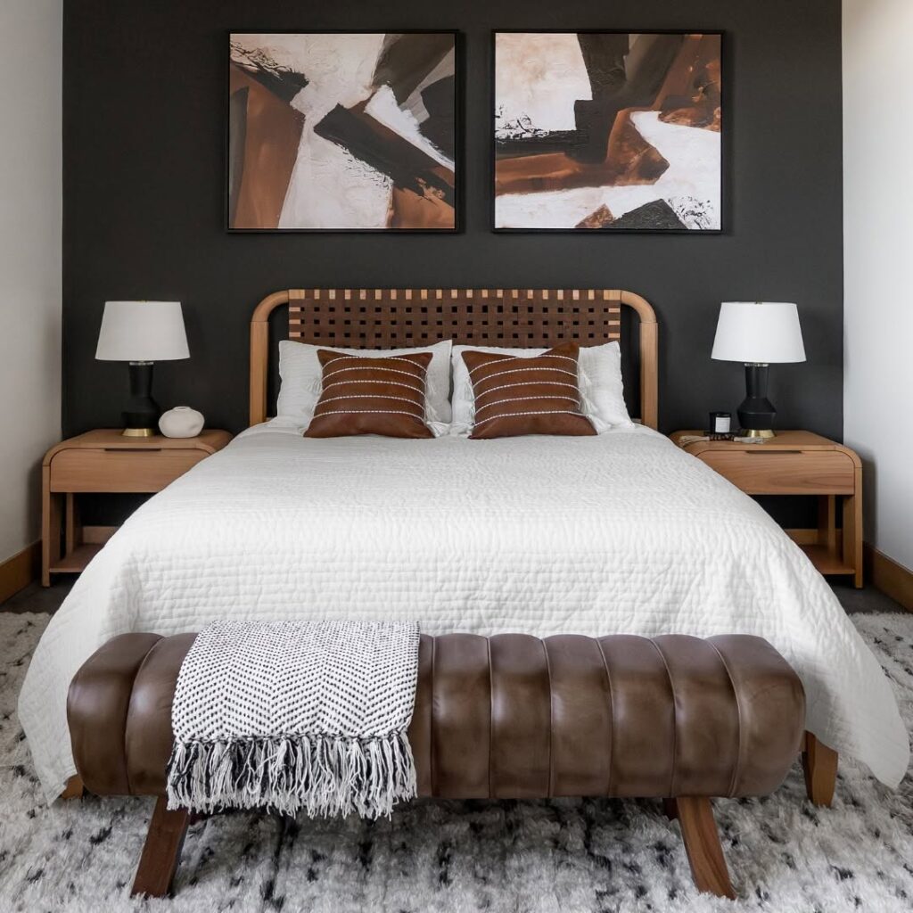 Modern Grid Headboard in Matte Black and Espresso with Cognac Leather Accent