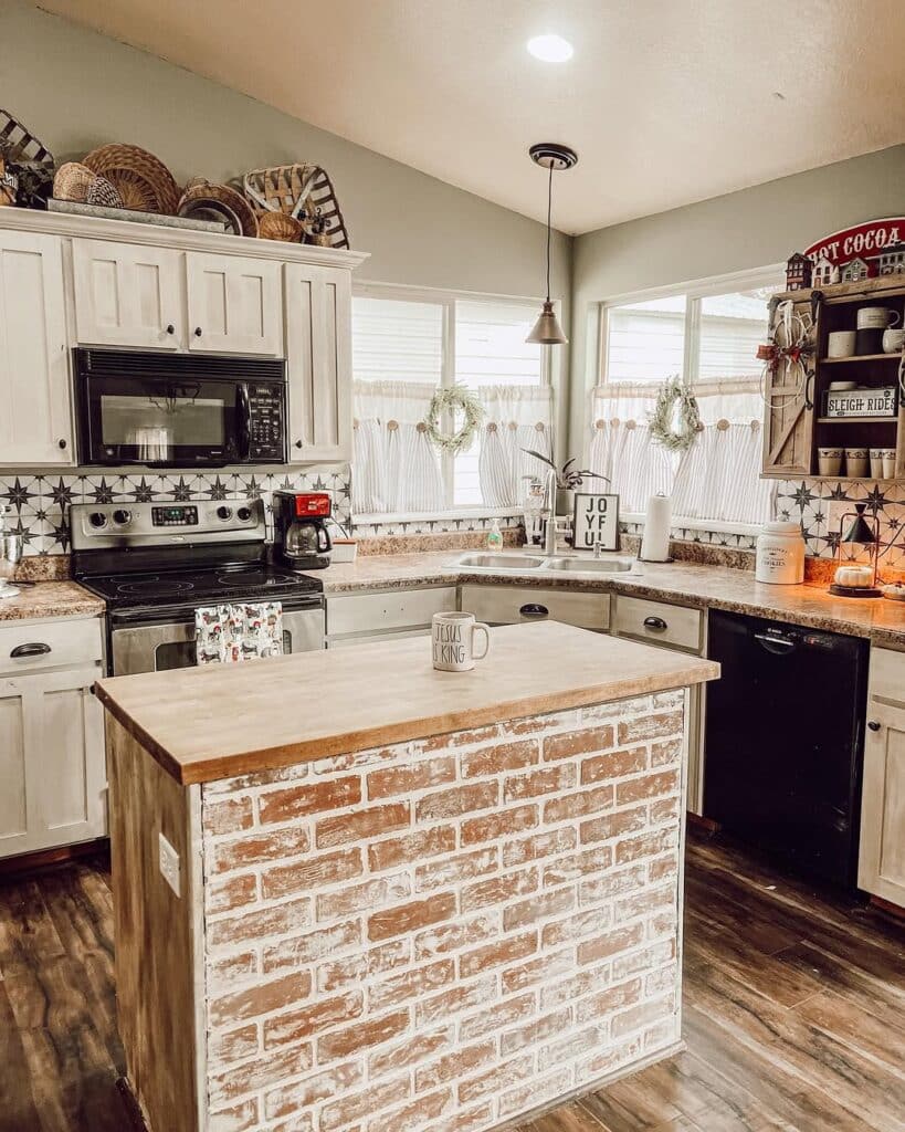 Whitewashed Brick Island in a Farmhouse Kitchen