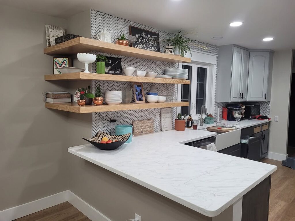 Grey Cabinets and Wood Shelves
