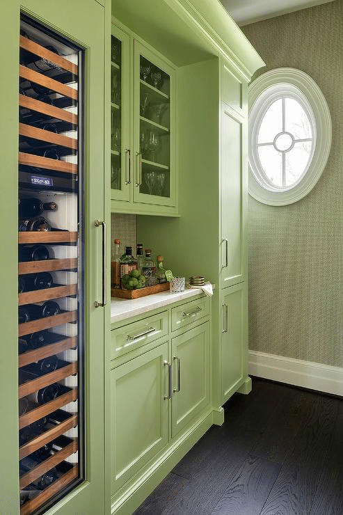 Avocado Cabinetry with Wood Shelves