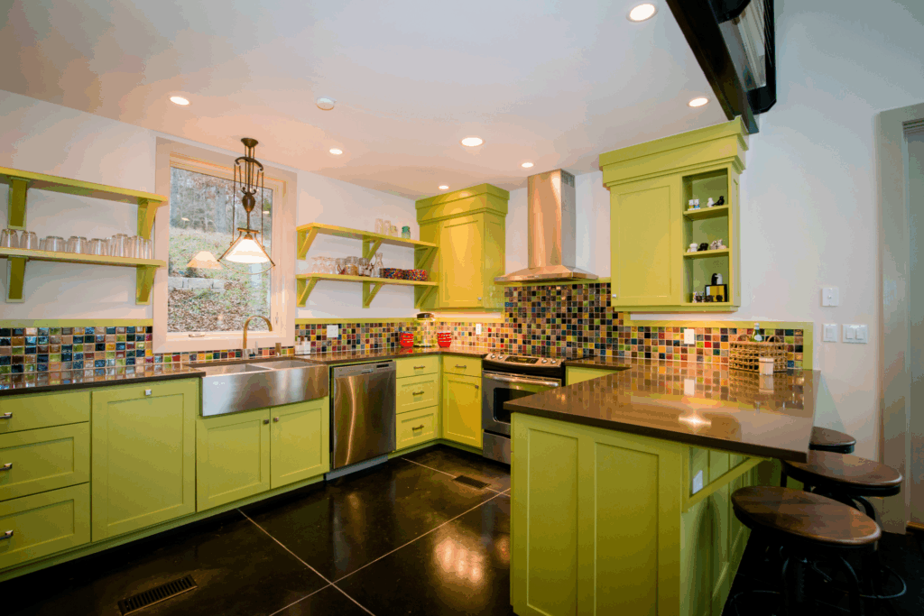 Chartreuse Green Cabinetry and Concrete Counters