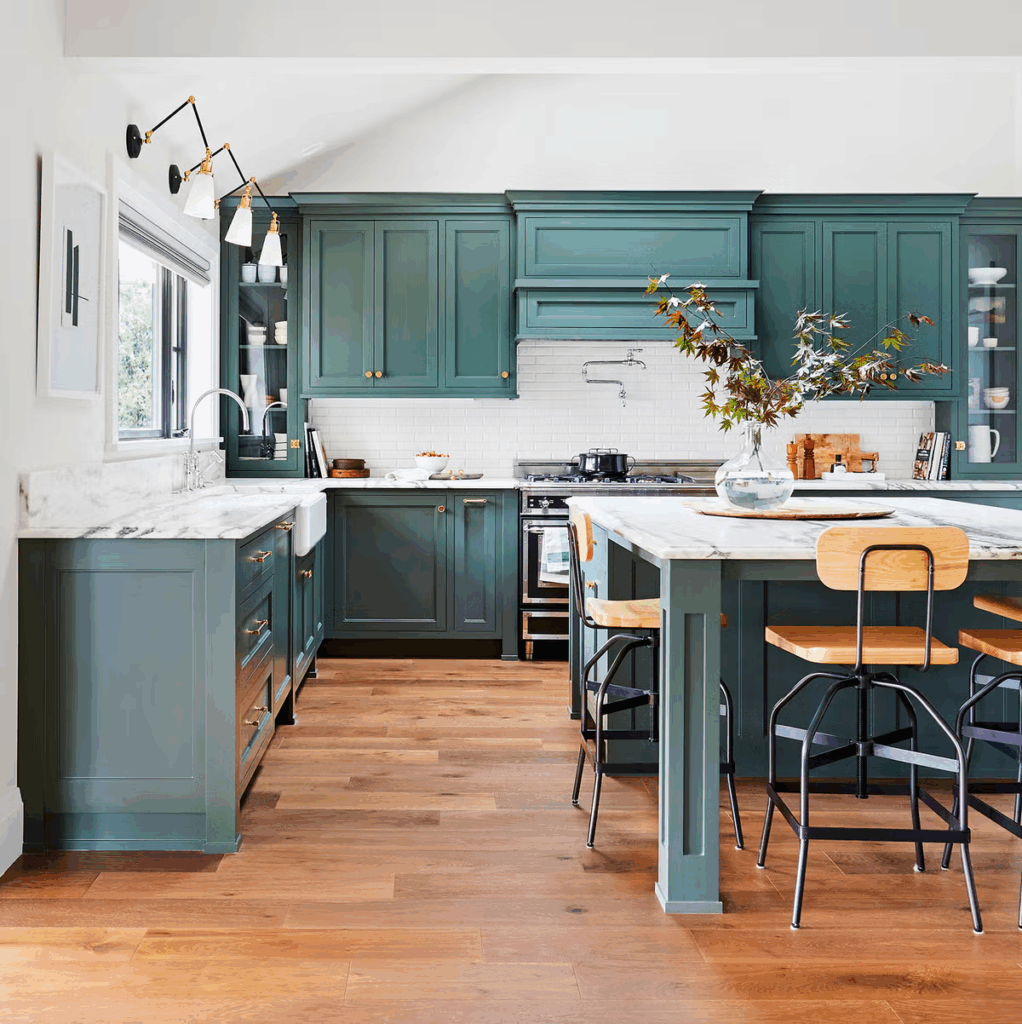 Dark Green Open-Plan Kitchen Cabinets