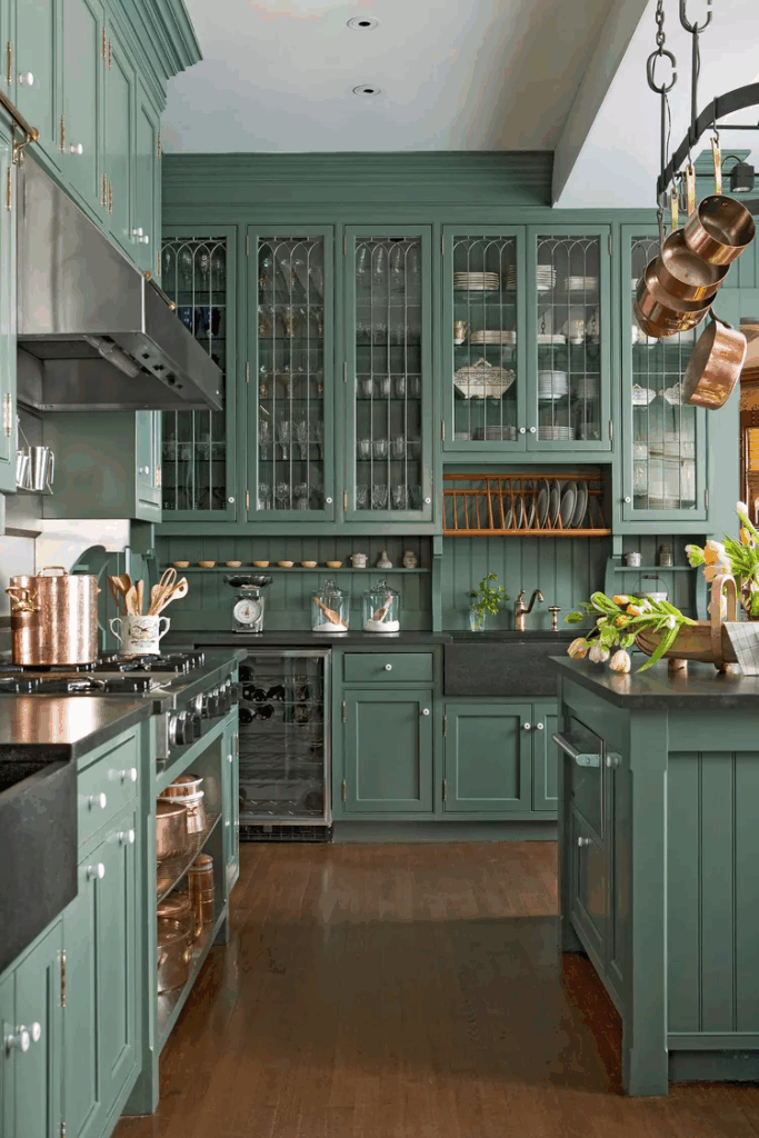 Glass Front Green Upper Cabinets