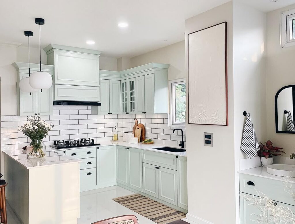 Mint Cabinetry White Subway Tile