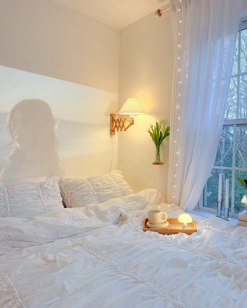 Cozy bedroom with a white wall projection