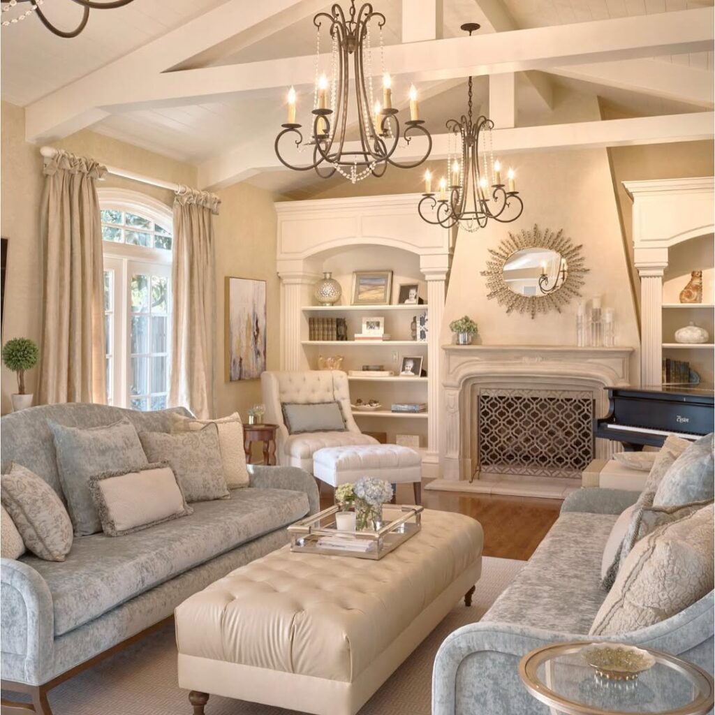 French Cottage Living Room with a Crystal Chandelier