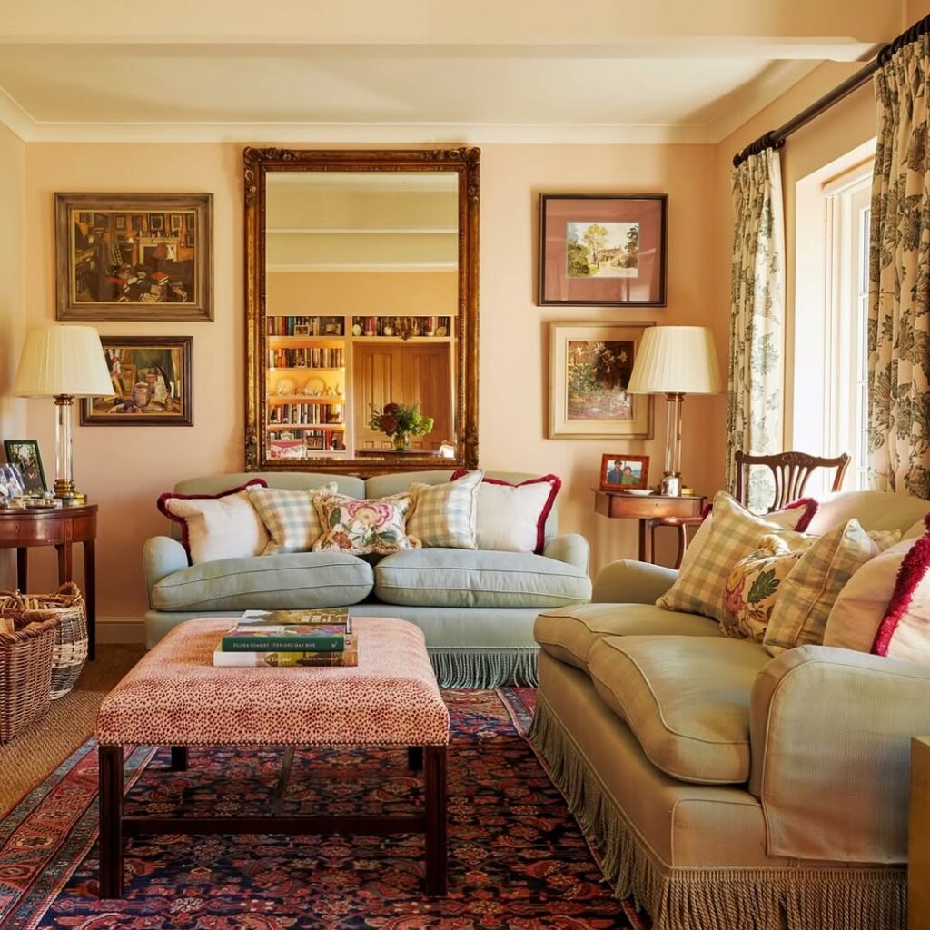 French Cottage Living Room with a Gilded Mirror