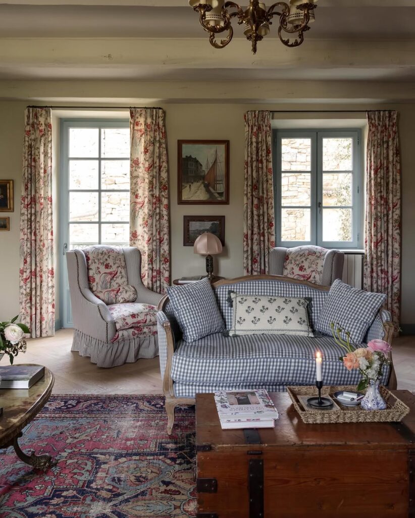 French Provincial Interior with Layered Prints and Rustic Elements