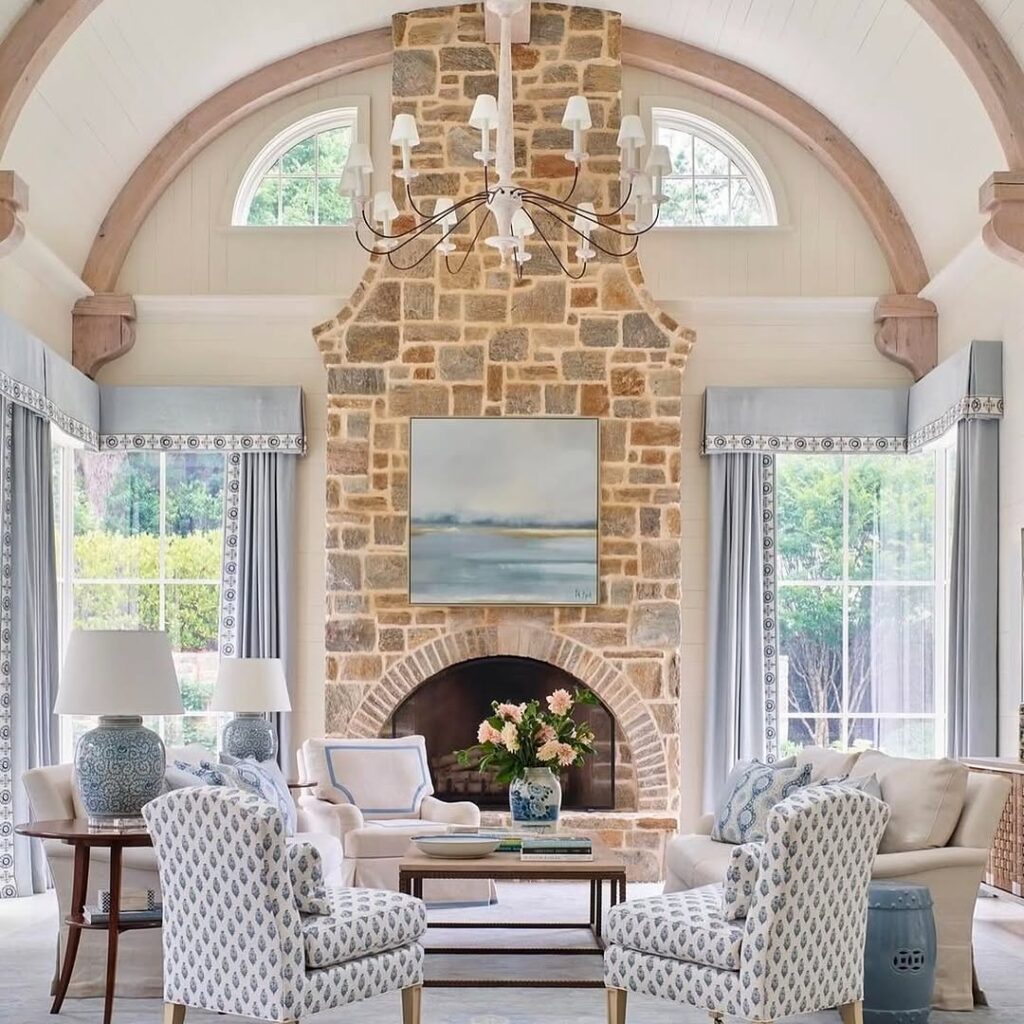 French Provincial Stone Hearth in Sky Hues